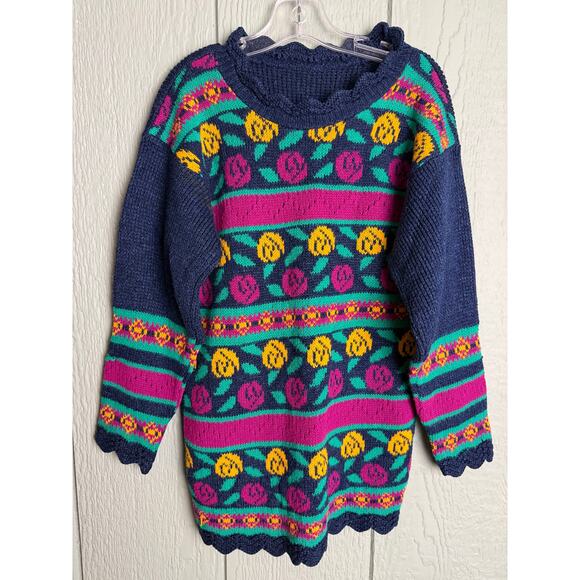 Vintage 80s Girls Sweater Navy Floral Knit Pullover Scalloped Trim Retro - Picture 1 of 6